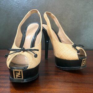 Fendi black patent leather and straw woven material - sling back